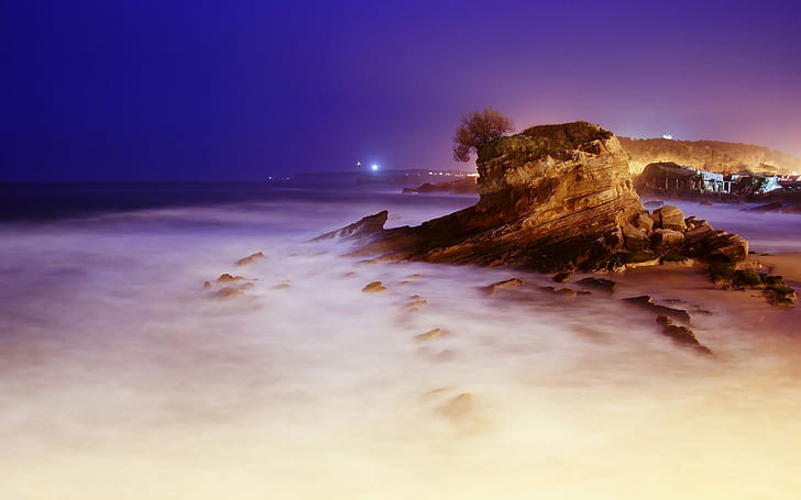 Sea Rock Landscape, clean waves, rocks, landscape, night, HD wallpaper