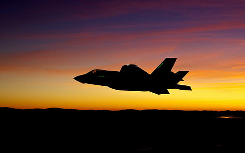 لوكهيد مارتن F-35 Lightning II ، طائرة عسكرية ، طائرة ، غروب الشمس ، صورة ظلية، خلفية HD HD wallpaper