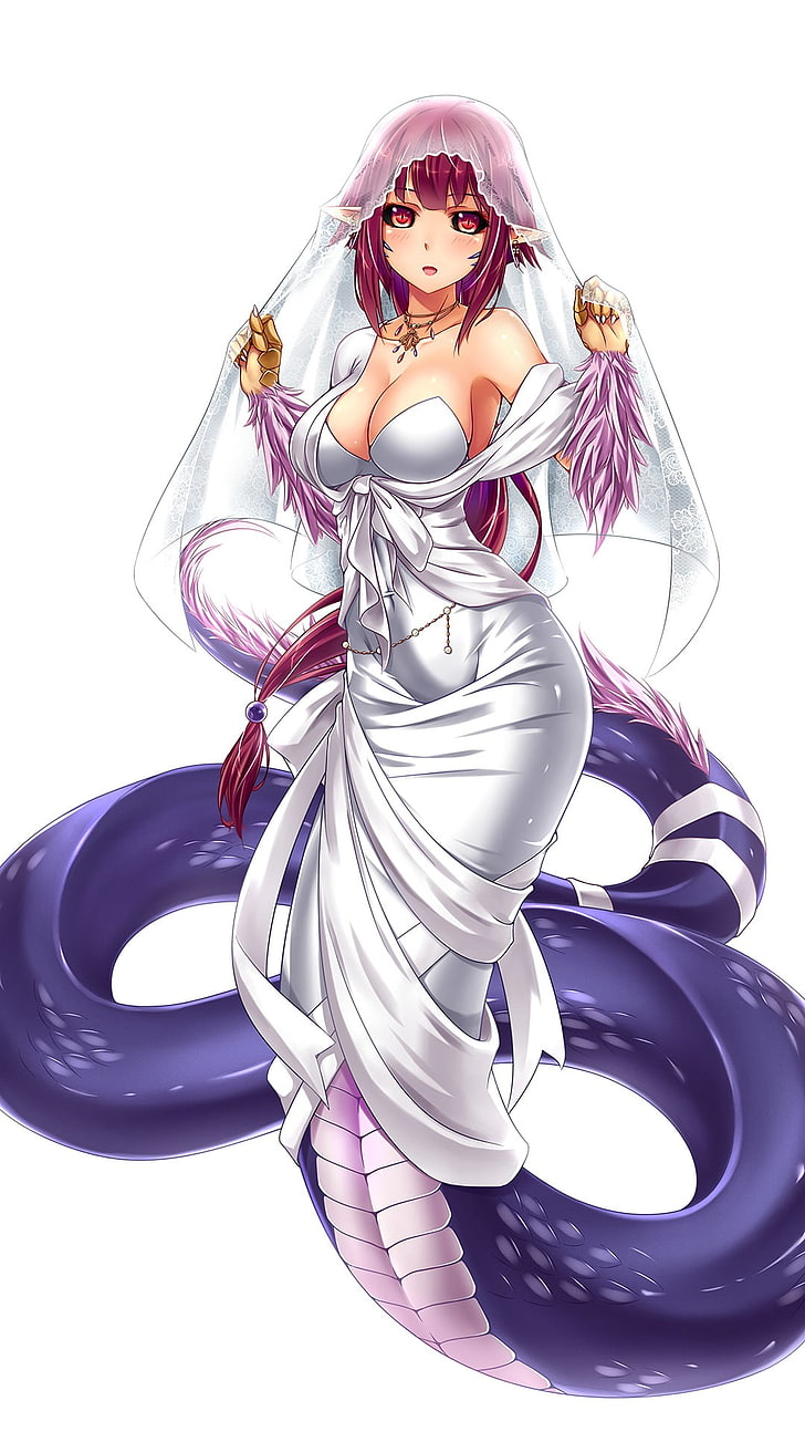 woman anime character wallpaper, anime, anime girls, cleavage, Lamia, long hair, white dress, red eyes, necklace, HD wallpaper