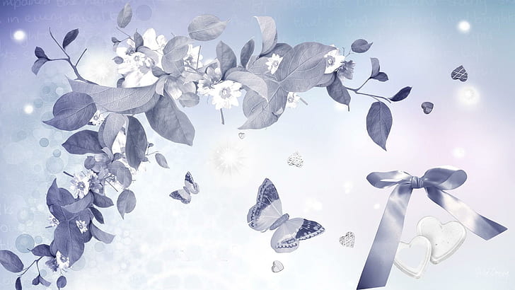 Forever Blue, firefox persona, ribbon, leaves, butterfly, flowers, limb, hearts, glow, 3d and abstract, HD wallpaper