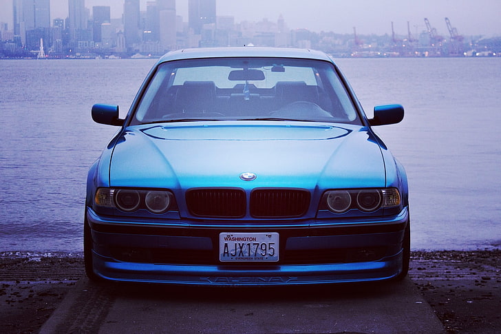 BMW biru, BMW, E38, tuning, mobil, bemper depan, Wallpaper HD