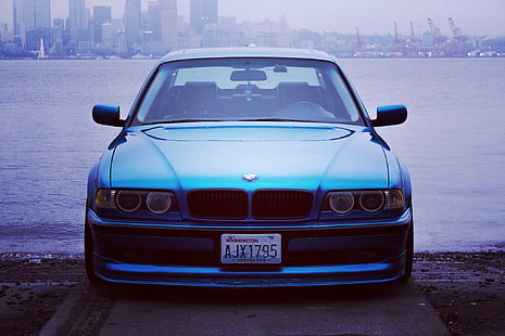blue BMW ar, bmw, e38, tuning, car, front bumper, HD wallpaper HD wallpaper