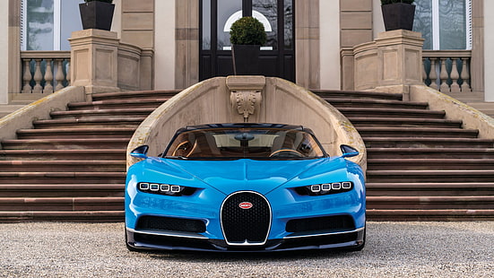 син Bugatti Chiron, Bugatti Chiron, кола, превозно средство, сини автомобили, Bugatti, стъпала, HD тапет HD wallpaper