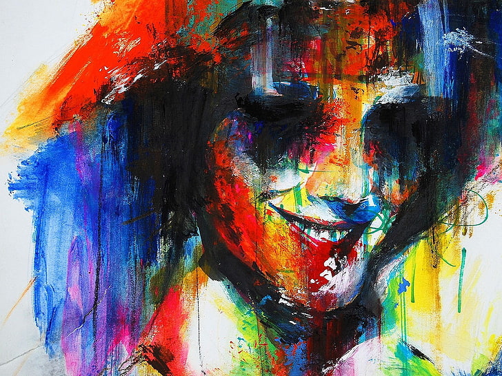 blue, yellow, and red abstract painting, Minjae Lee, painting, colorful, face, HD wallpaper