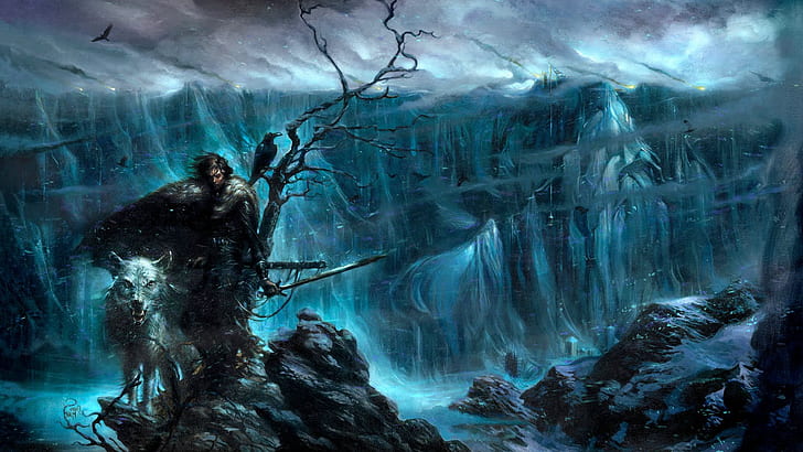 artwork, Direwolves, fantasy Art, Game Of Thrones, Jon Snow, Nights Watch, snow, The Wall, HD wallpaper