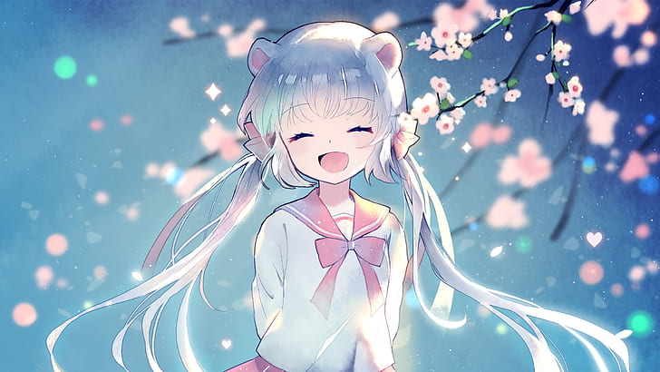 gadis anime, wajah bahagia, twintail, rambut aqua, cherry blossom, Anime, Wallpaper HD