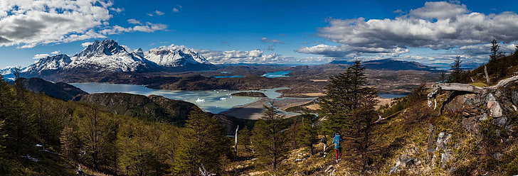 przyroda, fotografia, krajobraz, panoramy, góry, rzeka, chmury, las, piesze wycieczki, zaśnieżony szczyt, drzewa, park narodowy torres del paine, Patagonia, Chile, Tapety HD