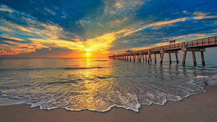 ジュノビーチ、早朝、グロー、ビーチ、朝、砂浜、ジュノビーチの桟橋、桟橋、フロリダ、アメリカ合衆国、アメリカ、日の出、夜明け、 HDデスクトップの壁紙