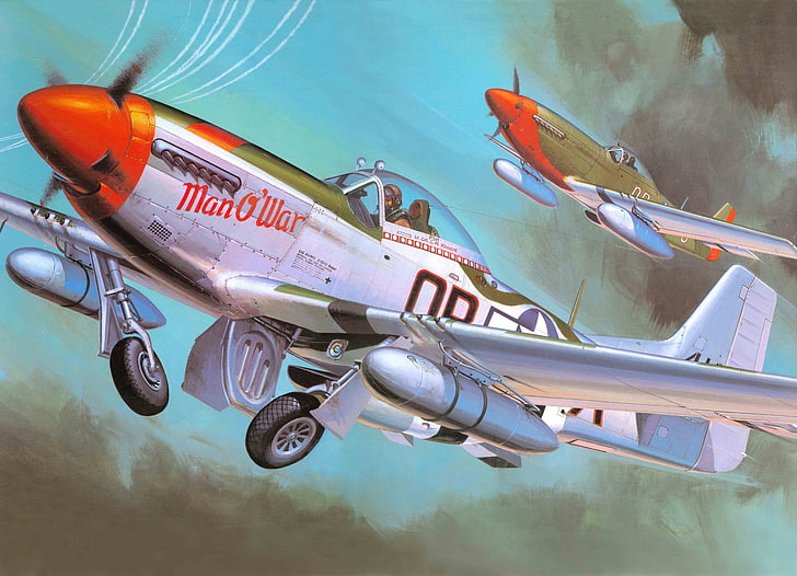 white and orange monoplane painting, the plane, fighter, art, action, American, North American, P-51 Mustang, WW2., single, far, radius, HD wallpaper