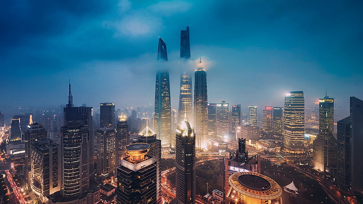 lighted city buildings, city, skyline, Shanghai, China, HD wallpaper