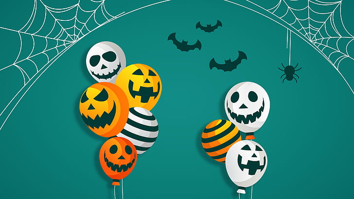 Halloween, Grafiken, Fledermäuse, Ballon, Luftballons, 8k uhd, Spinnennetz, HD-Hintergrundbild