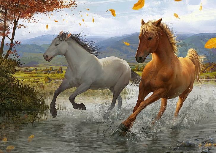 лошадь, животные, вода, пейзаж, осень, произведение искусства, цифровое искусство, 2D, иллюстрация, рисунок, горы, небо, облака, HD обои