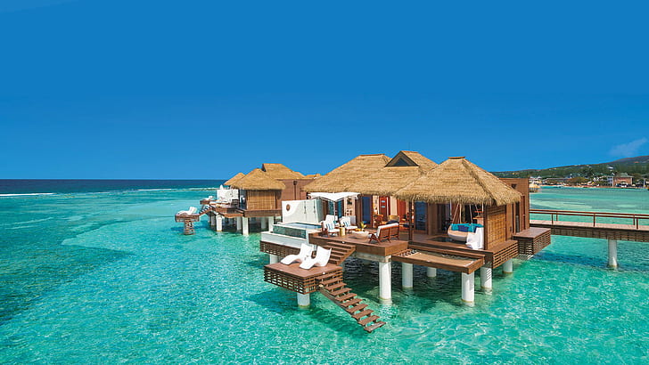 Sandals South Coast Resort Jamaica Caraibi Bungalow di lusso in acqua Sfondi desktop gratis Hd 2560 × 1440, Sfondo HD