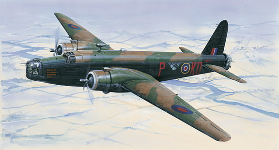 кафяв и зелен самолет, самолет, война, изкуство, самолет, живопис, авиация, ww2, британски бомбардировач, Vickers Wellington, HD тапет HD wallpaper