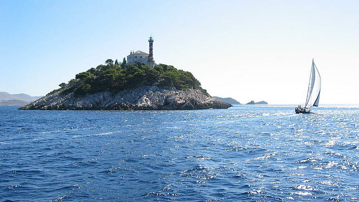 A Lighthouse In Kornati, Adriatic, Croatia, white and black sail boat, island, lighthouse, jadran, adriatic, croatia, hrvatska, boat, ocean, kornati, blue, 3d and abstra, HD wallpaper