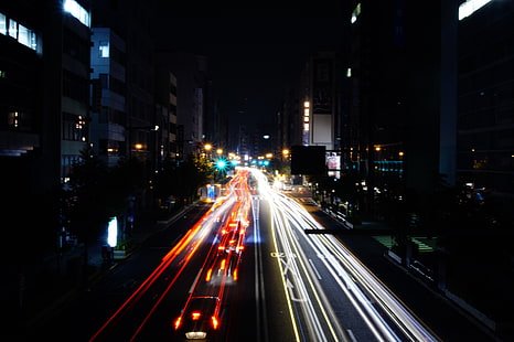 lampadaires, nuit, Tokyo, longue exposition, sentiers de lumière, route, Japon, trafic, Fond d'écran HD HD wallpaper