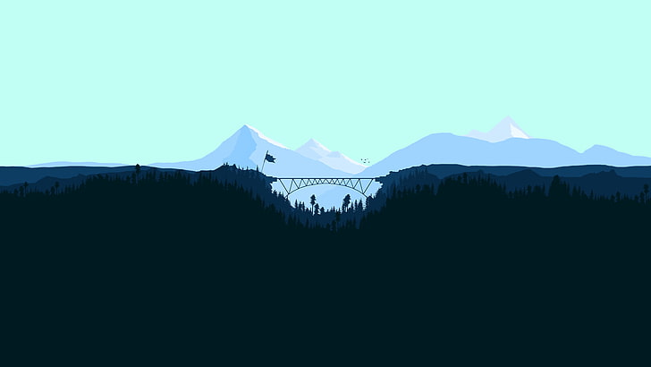 icy mountain animated illustration, photography of mountain during daytime, fkyhdino, landscape, artwork, mountains, illustration, digital art, forest, bridge, trees, flag, blue, minimalism, pine trees, valley, nature, horizon, snowy peak, clear sky, blue background, Flatdesign, graphic design, vector graphics, vector art, simple, hills, cyan, HD wallpaper