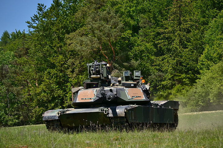 grey battle tank, field, forest, tank, armor, Abrams, M1A2, HD wallpaper