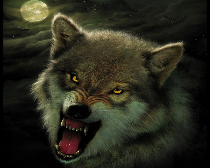 tapeta biało-brązowego wilka, zwierzęta fantasy, wilk, księżyc, żółte oczy, Tapety HD