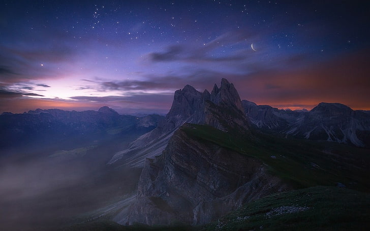 flygfoto av berg, natur, landskap, stjärnklar natt, lång exponering, berg, Dolomiterna (berg), Italien, kväll, moln, sommar, dal, HD tapet