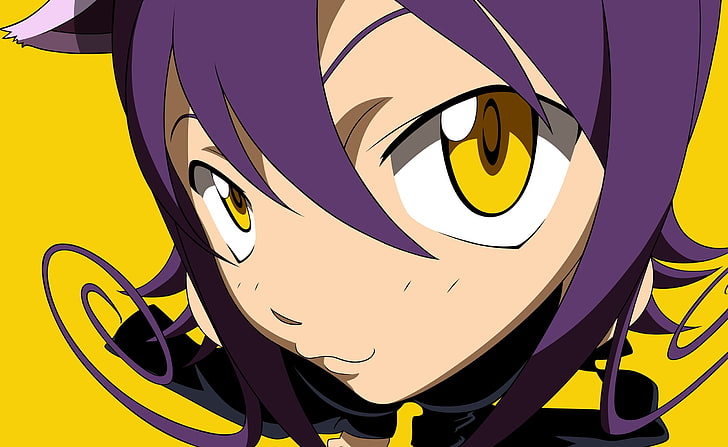 アニメの女の子と黄色い目 紫髪の少女アニメの漫画のキャラクター