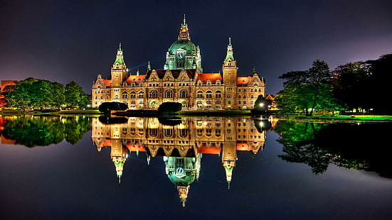 ново кметство, Хановер, Германия, отражение, отражение, огледало, езеро, светлини, нощни светлини, нощ, град, HD тапет HD wallpaper