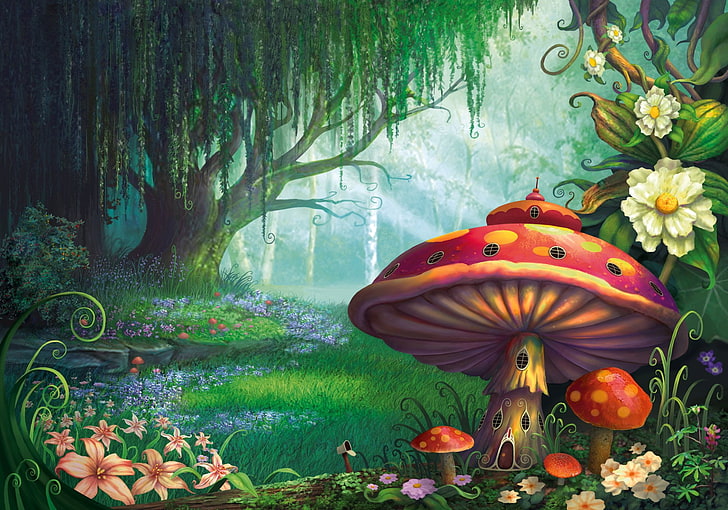 Künstlerisch, Fantasie, Blume, Wald, Haus, Pilz, Frühling, Baum, HD-Hintergrundbild