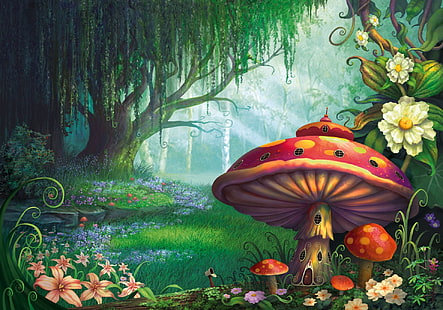Künstlerisch, Fantasie, Blume, Wald, Haus, Pilz, Frühling, Baum, HD-Hintergrundbild HD wallpaper