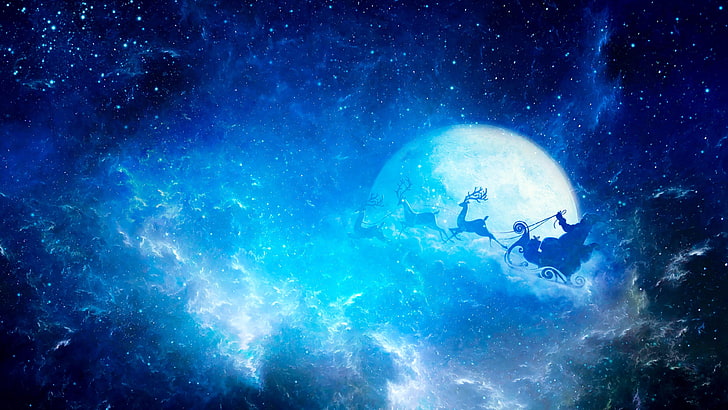 christmas, santa claus, sleigh, night, moon, stars, sky, night sky, illustration, moonlight, HD wallpaper