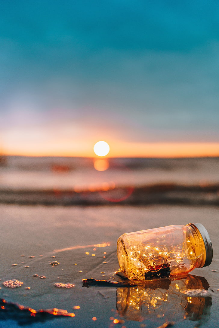 clear glass jar with lid, bank, sea, sunset, glitter, blur, HD wallpaper