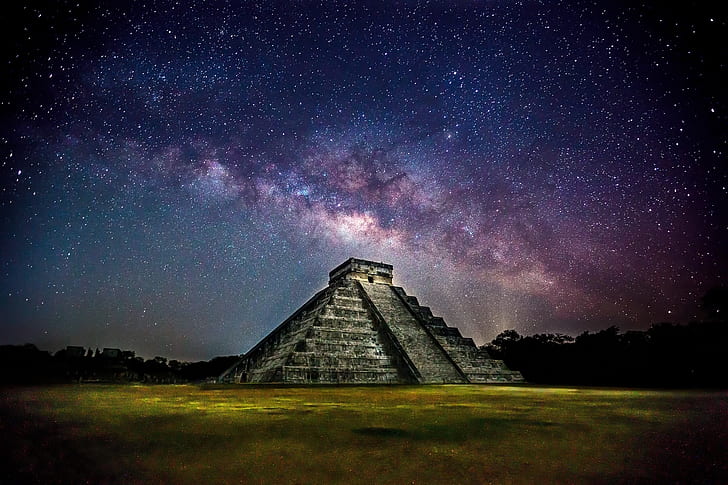 el cielo, las estrellas, la noche, la ciudad, México, la pirámide, el fotógrafo, la vía láctea, Ryan Smith, Kukulkan, Quetzalcóatl, Chichén Itzá, Fondo de pantalla HD