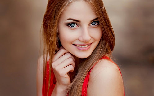wanita, berambut cokelat, mata biru, wajah, model, potret, tersenyum, menatap penonton, Wallpaper HD HD wallpaper