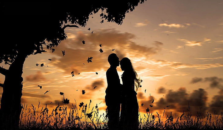 man och kvinna står bredvid träd silhuett foto, himlen, flicka, kärlek, solnedgång, romantik, kille, silhuetter, kyssar, träd. löv, HD tapet