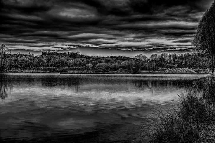 atmosphere, atmospheric, black white, black and white, clouds, drama, dramatic, dramatic sky, effective, gewitterstimmung, high contrast, lake, landscape, lighting, mirroring, monochrome, mood, mystical, natural s, HD wallpaper