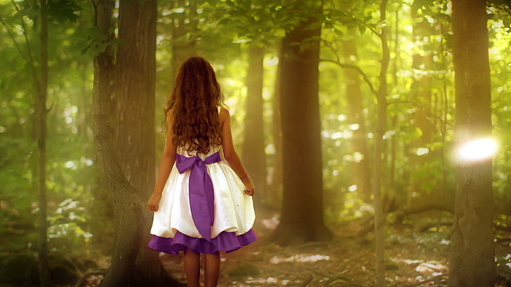 girl's white and purple dress, girl, forest, nature, mood, style, HD wallpaper