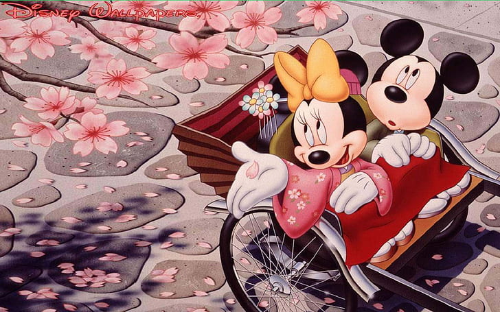 Romantisk Mickey Mouse Och Minnie Mouse Japansk Cherry Blossom Wallpaper, HD tapet