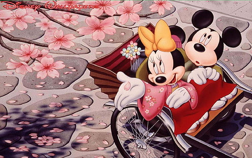 Романтические обои Микки Маус и Минни Маус с цветами японской вишни, HD обои HD wallpaper