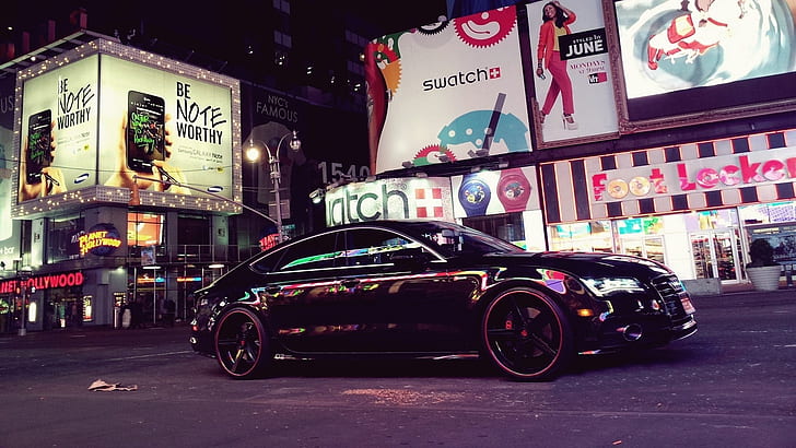 Audi A7 черен автомобил, градска улица, нощ, Audi, Black, Car, City, Street, Night, HD тапет