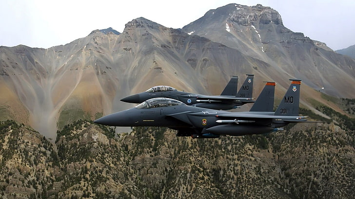 dua jet tempur abu-abu, pesawat militer, pesawat terbang, jet F15-E, militer, pesawat, Wallpaper HD