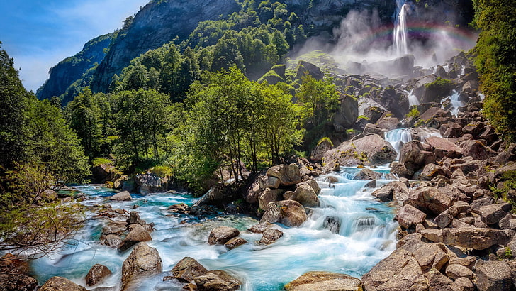switzerland, europe, waterfall, cascade, creek, trees, rainbow, stones, rocks, mountain, amazing, stunning, HD wallpaper
