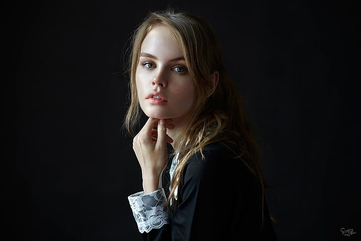 Anastasia Scheglova, wanita, model, pirang, potret, latar belakang sederhana, rambut panjang, Wallpaper HD