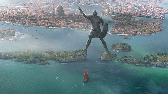 postać trzymająca tarczę, Game of Thrones, fantasy art, Braavos, statua, miasto, Tapety HD HD wallpaper