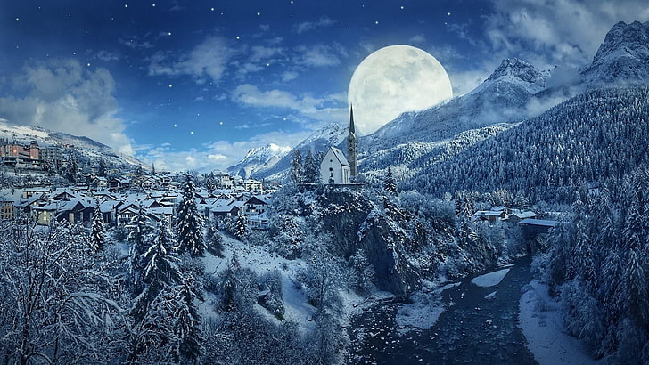 kyrka, by, natt, skog, flod, natthimmel, bergslandskap, stjärnklar natt, stjärnor, stad, himmel, träd, frysning, snö, illustration, fullmåne, måne, berg, vinter, natur, HD tapet
