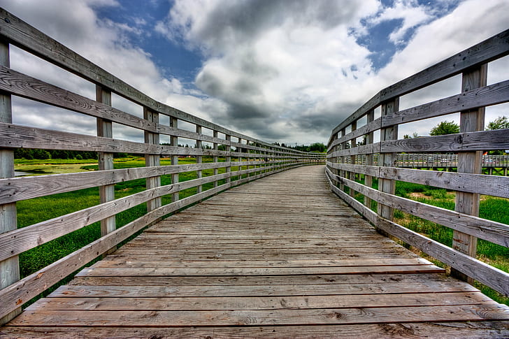 brown wooden empty pathway during daytime, pei, pei, PEI, Country, Bridge, HDR, empty, pathway, daytime, stock, resource, image, photo, photograph, picture, prince  edward  island, canada, canadian, landscape, scene, scenery, scenic, cloud, clouds, grass, nature, sky, wide  angle, wide-angle, high  dynamic  range, orange, path, trail, symmetry, symmetric, symmetrical, wood, rail, architecture, transport, transportation, passage, way, wood - Material, boardwalk, bridge - Man Made Structure, outdoors, footpath, HD wallpaper