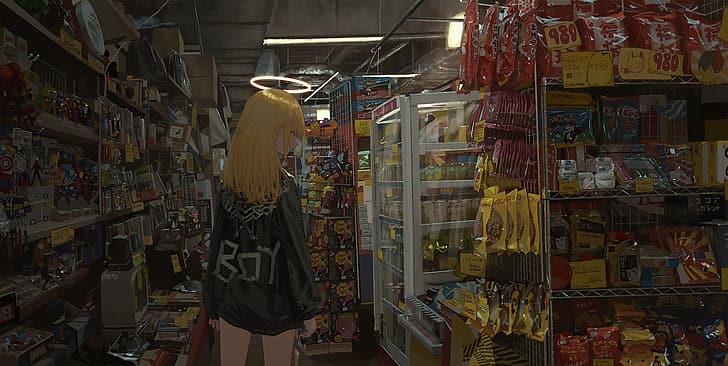 kgmnx, anime, anime girls, blonde, supermarket, HD wallpaper