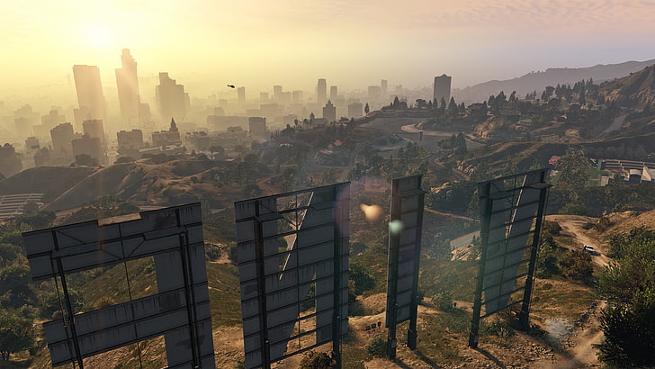 montanhas e edifícios, fotografia aérea Letreiro de Hollywood, Grand Theft Auto V, Grand Theft Auto, captura de tela, videogames, HD papel de parede