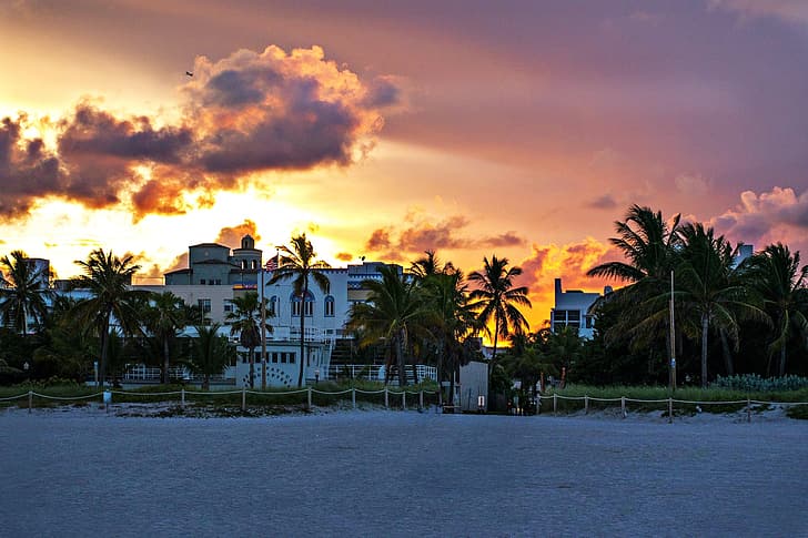 praia, pôr do sol, Flórida, Miami Beach, Miami, HD papel de parede