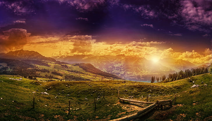 Mountains, 4k, 5k, hills, sunset, 8k, HD, Switzerland, meadows, HD wallpaper
