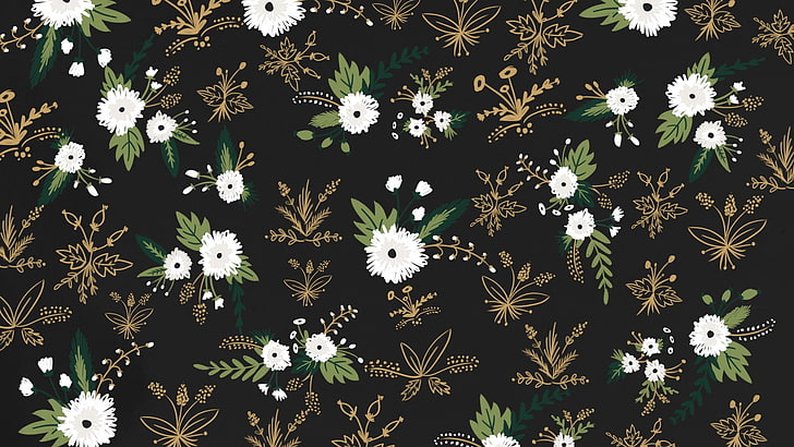 czarno-białe tekstylia kwiatowe, sztuka cyfrowa, abstrakcja, wzór, grafika komputerowa, kwiaty, liście, proste tło, grafika, czarne tło, Tapety HD