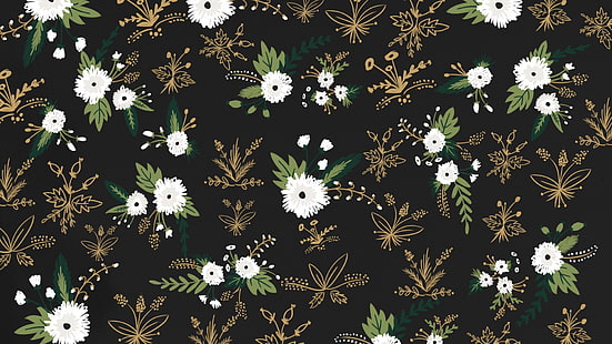 black and white floral textile, digital art, abstract, pattern, CGI, flowers, leaves, simple background, artwork, black background, HD wallpaper HD wallpaper
